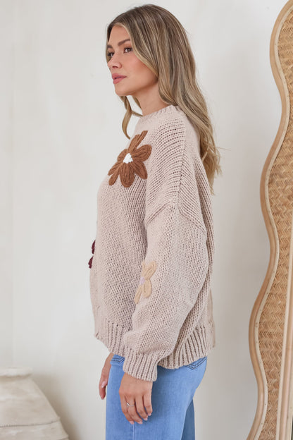 Wildflower Jumper - Chunky Knit with Flower Decals in Taupe Multi