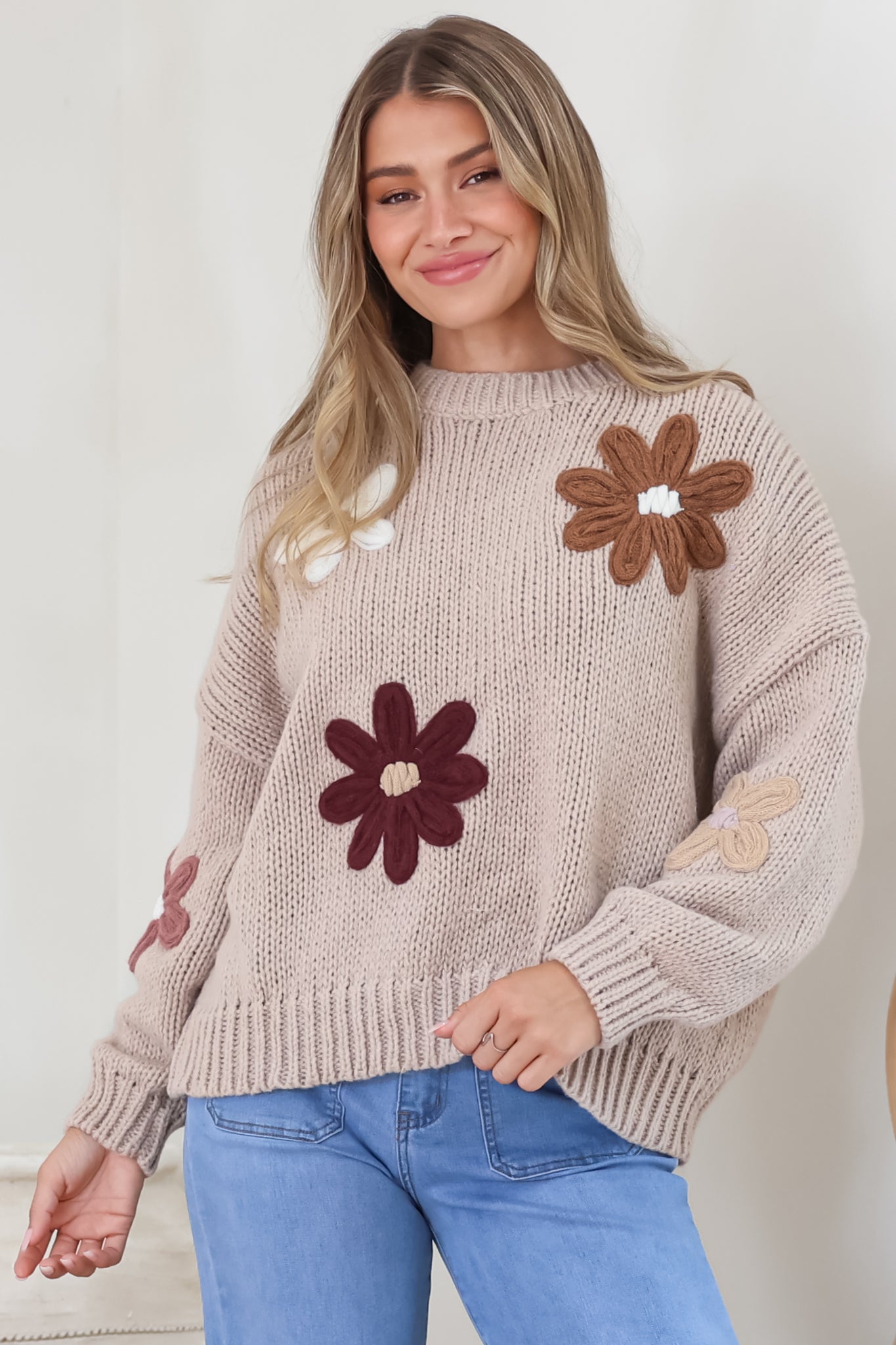 Wildflower Jumper - Chunky Knit with Flower Decals in Taupe Multi