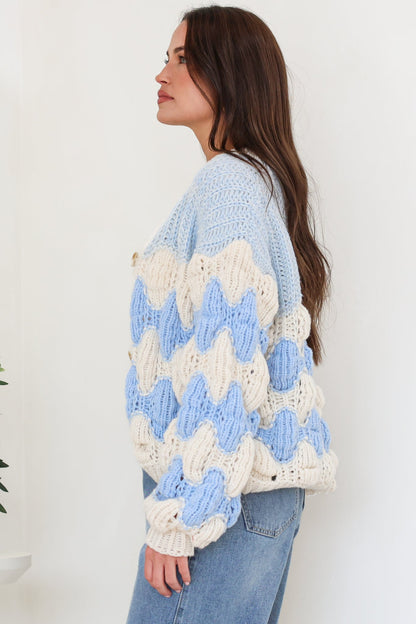 Deborah Cardigan - Relaxed Button Front Stripe Bubble Knit in Blue