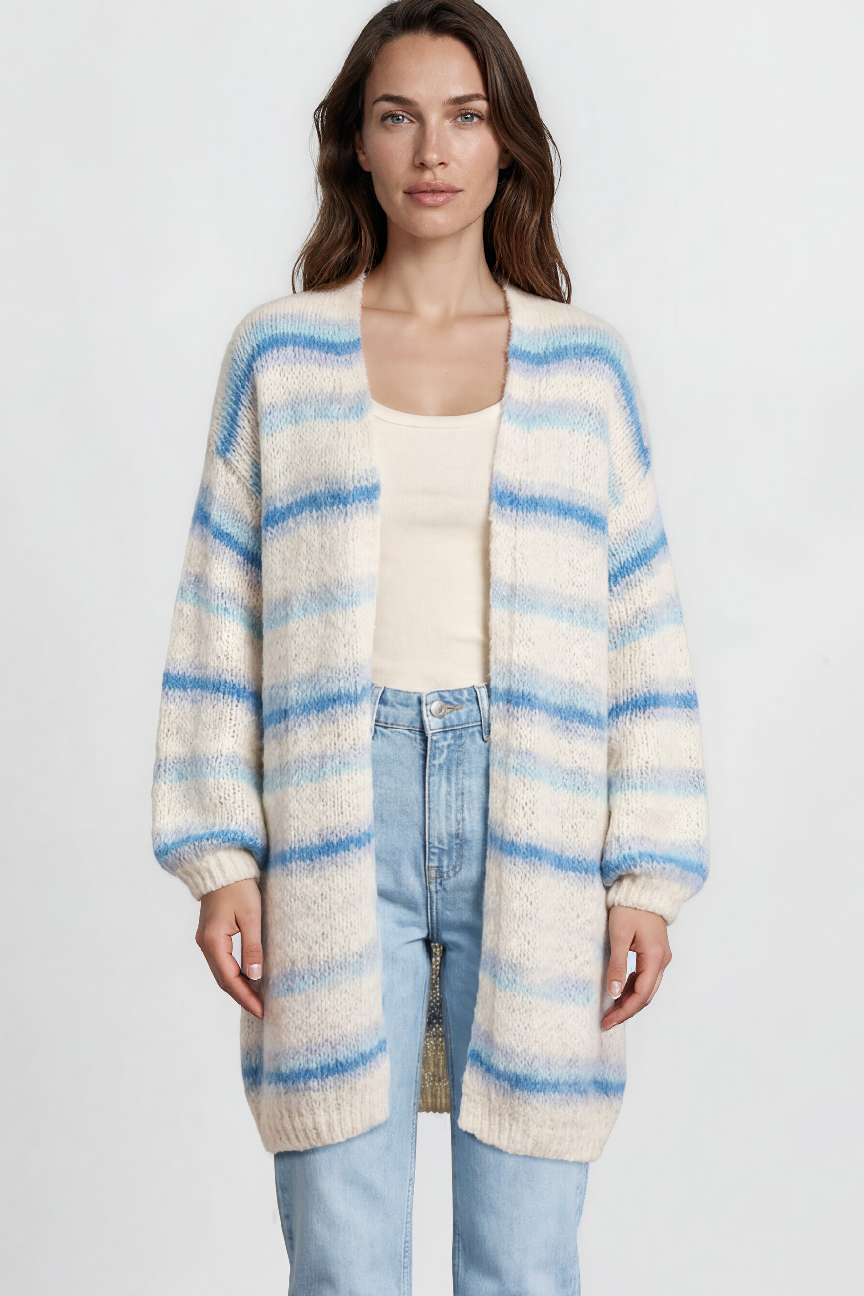 Delaney Cardigan - Open Front Stripe Knit with Pockets in Blue