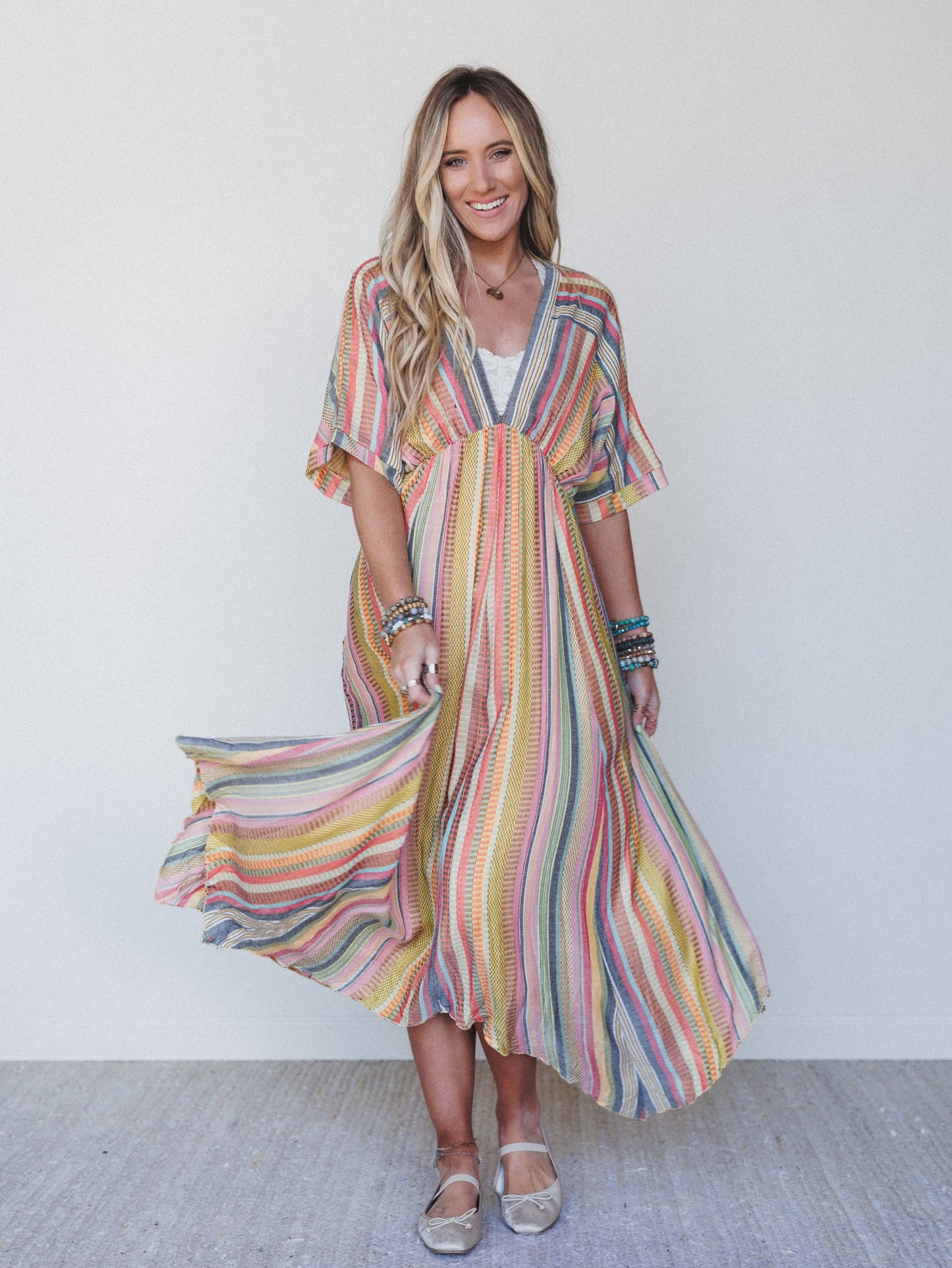 Island Tan V Neck Maxi Dress - Yellow Multi - Pre Order