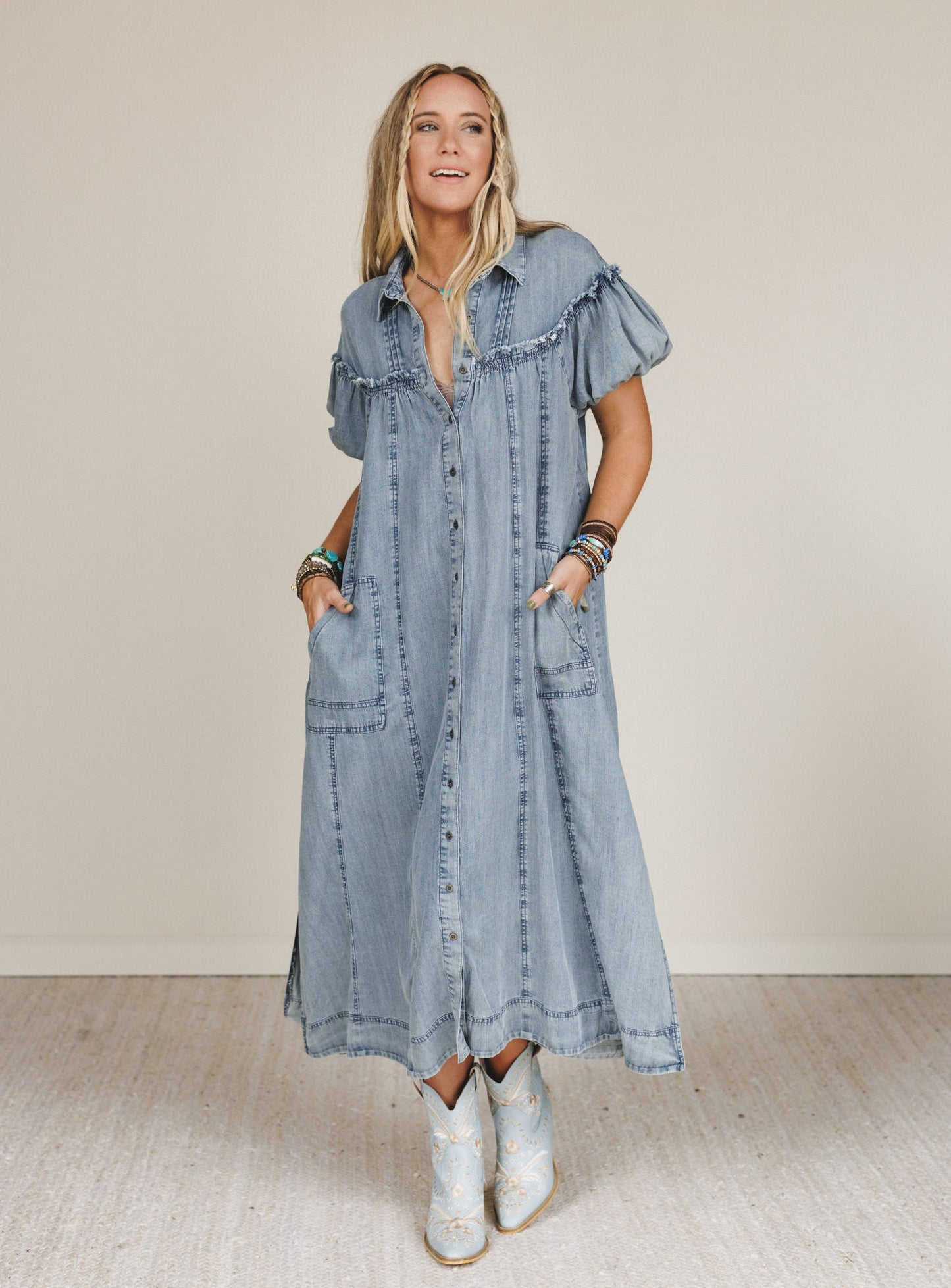 Western Muse Puff Sleeve Maxi Dress - Denim