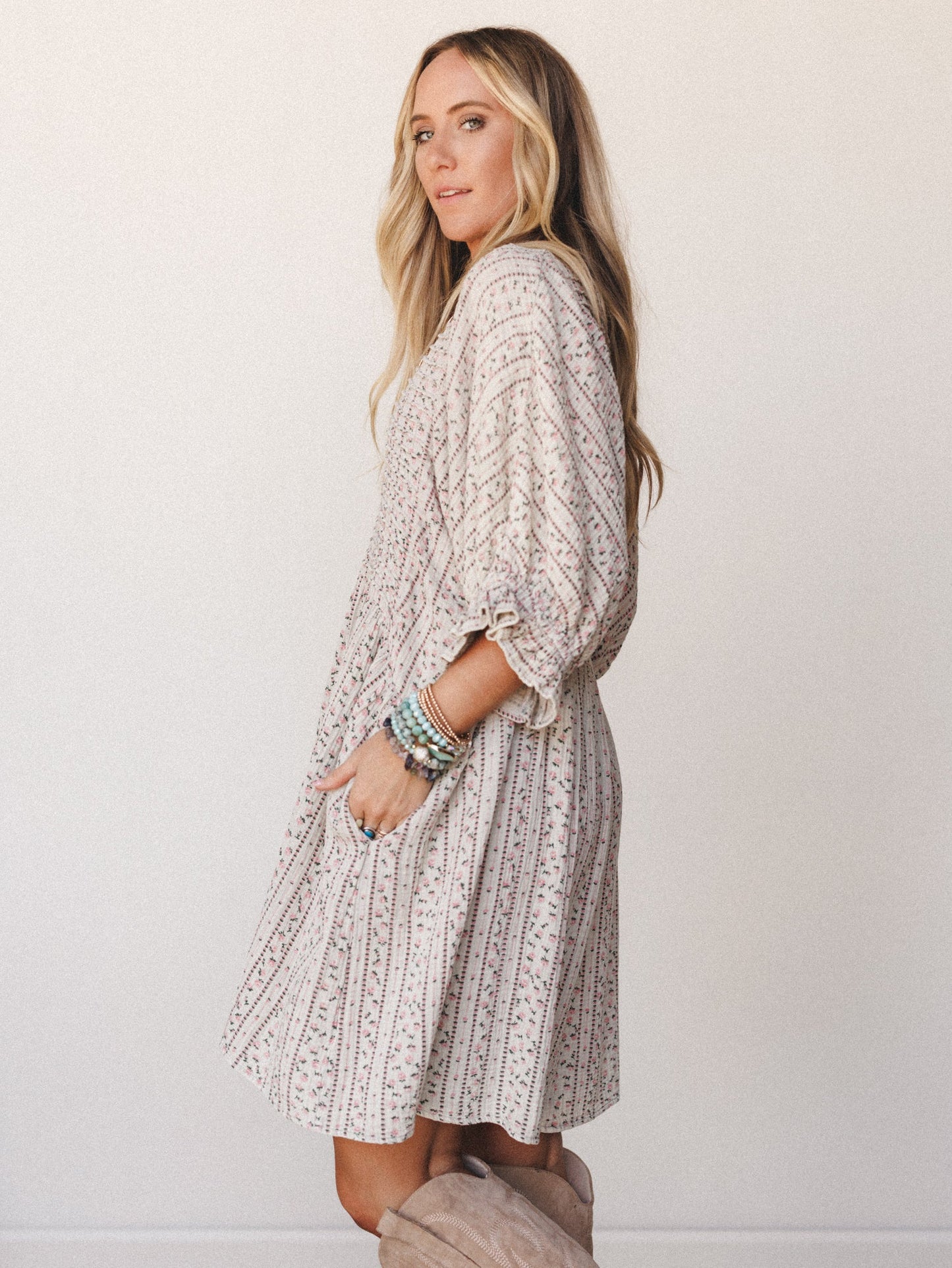 Quinn Puff Sleeve Mini Dress Floral - Sage Grey