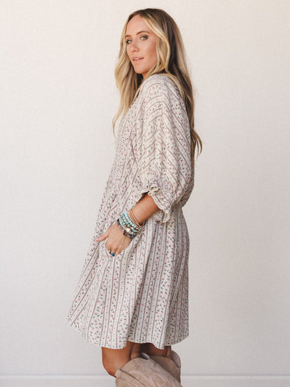 Quinn Puff Sleeve Mini Dress Floral - Sage Grey