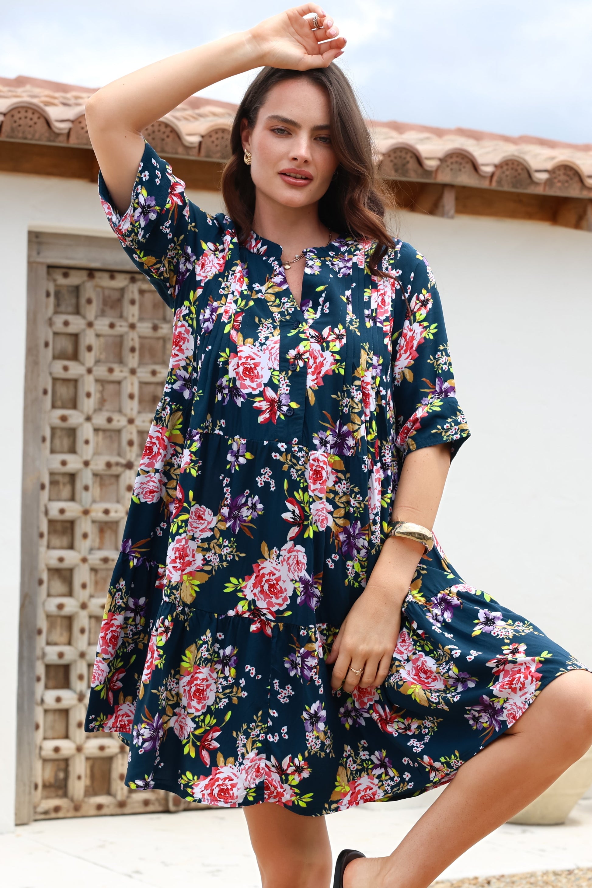 Evie Mini Dress - 3/4 Sleeve Tiered Smock Dress in Virginia Print Navy