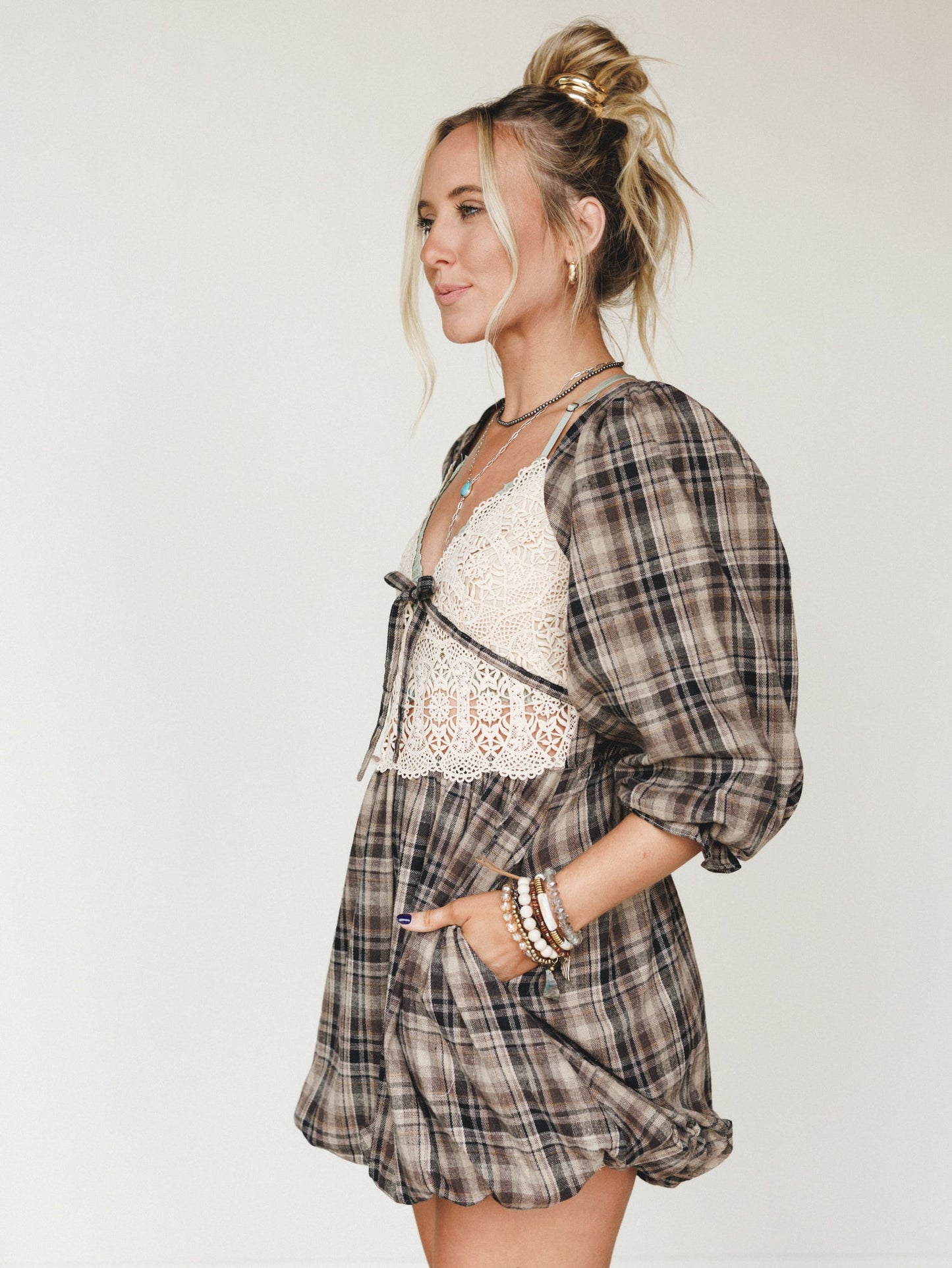 Plaid Revival Mini Dress - Natural