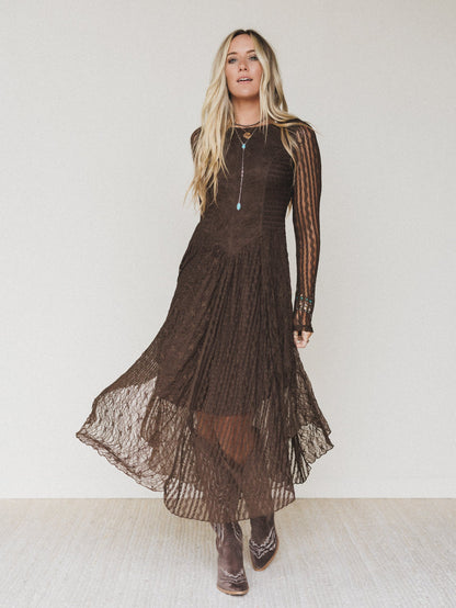Lace Story Long Sleeve Midi Dress - Chocolate - Pre Order