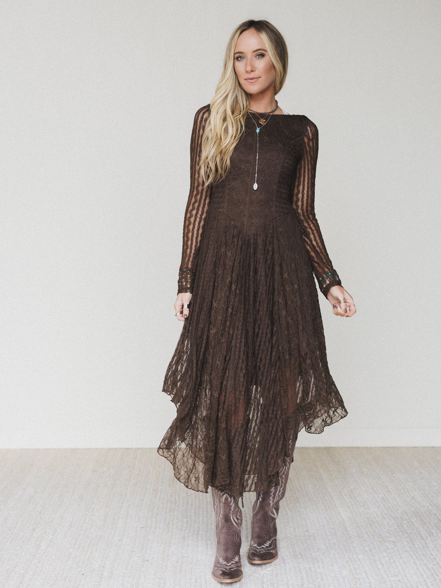 Lace Story Long Sleeve Midi Dress - Chocolate - Pre Order