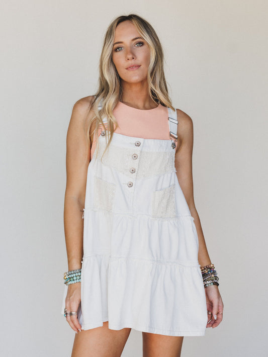Petal Pockets Crochet Denim Dress - White - Pre Order