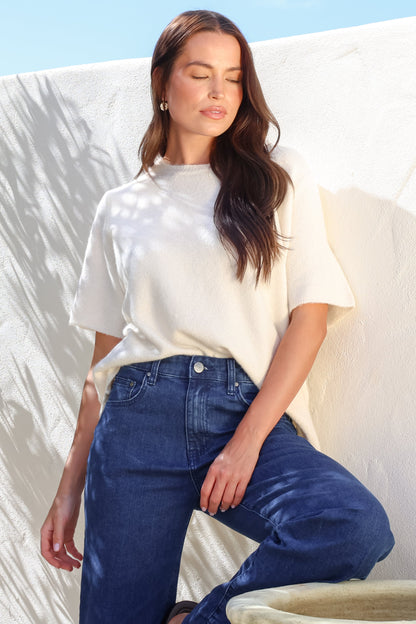 Fable Knit Top - Crew Neck Relaxed Super Soft Knit Tee in Cream