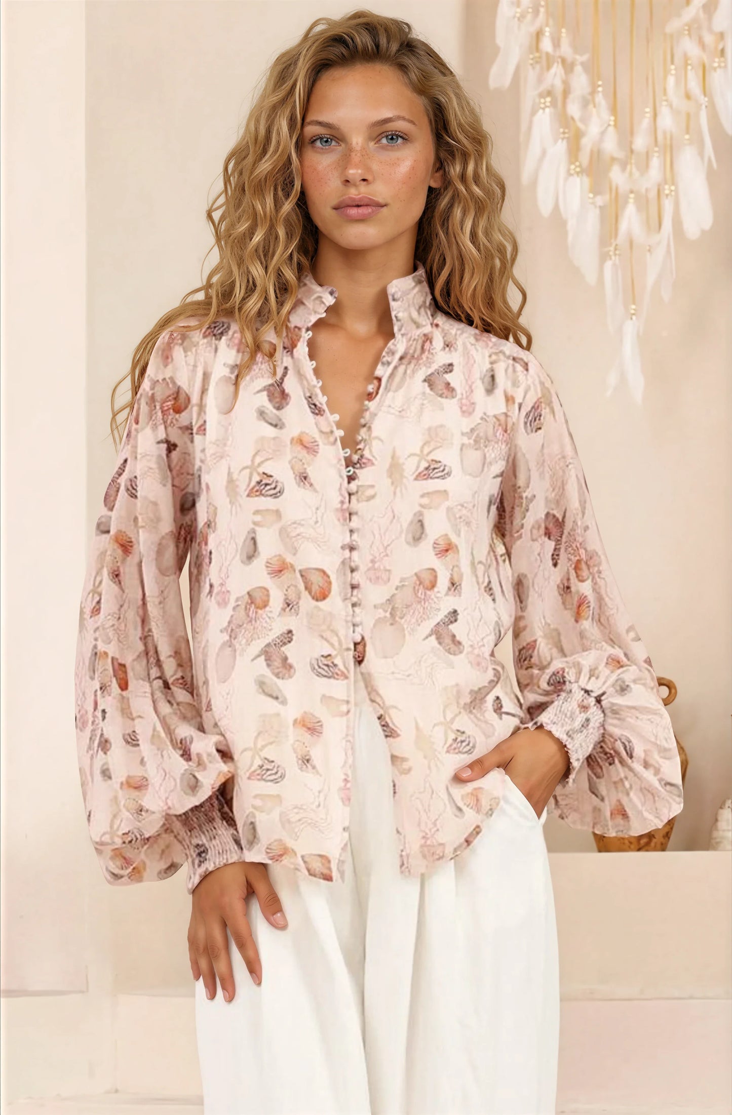 Faye Blouse - Mandarin Collar Balloon Sleeve Button Down Shirt in Shellie Print