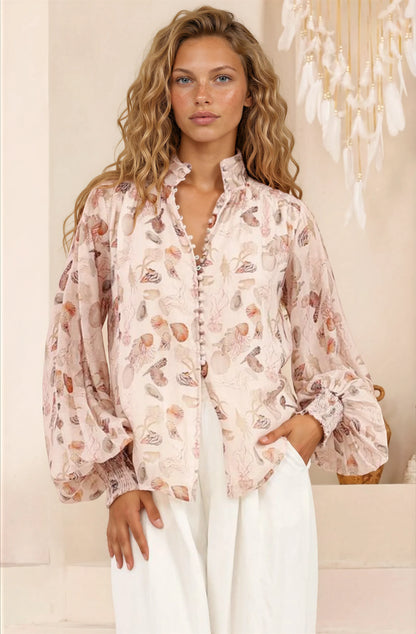 Faye Blouse - Mandarin Collar Balloon Sleeve Button Down Shirt in Shellie Print