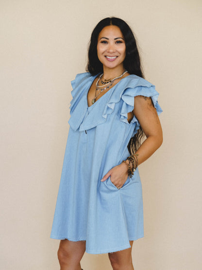 Chambray Daydream Flutter Sleeve Dress - Light Denim