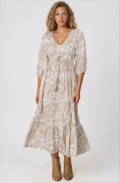 Jaden Midi Dress - Elasticated Bodice A-Line Dress in Jeani Print Beige