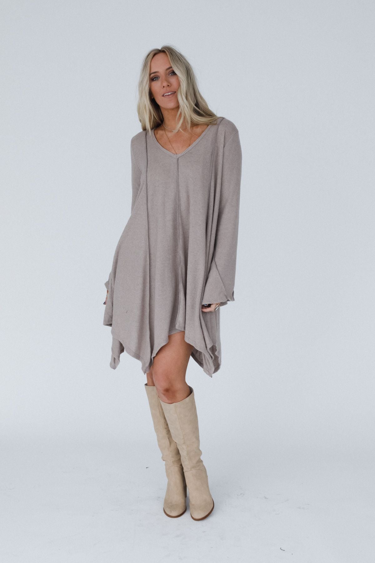 The Nest Golden Hour Long Bell Sleeve Tunic Dress - Latte
