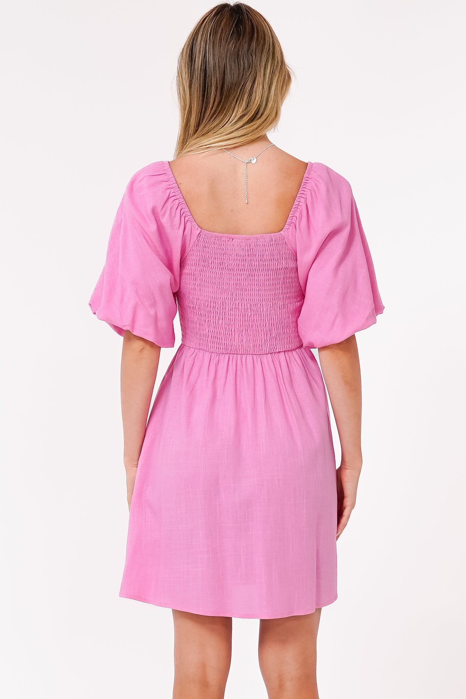 Justina Mini Dress - V-Neck Gathered Bodise On or Off Shoulder Mini Dress in Pink