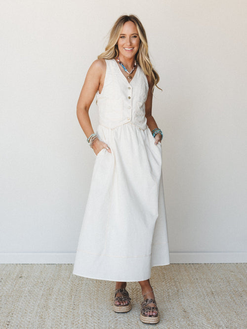 On the Run Denim Maxi Dress - Ivory