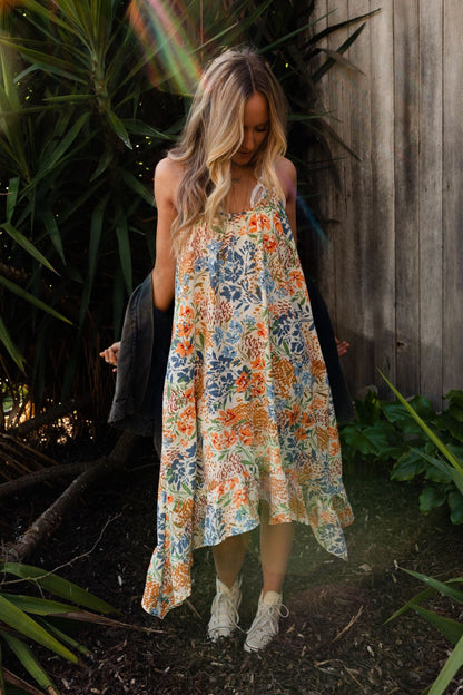The Nest Ellie Ruffle Midi Dress - Brown Floral