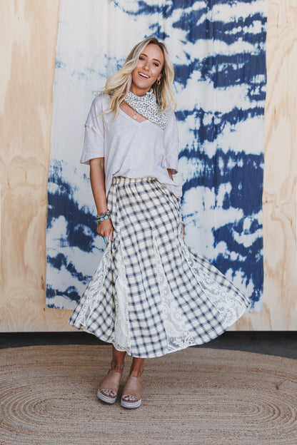 Long Lost Lace Plaid Maxi Skirt - Cream