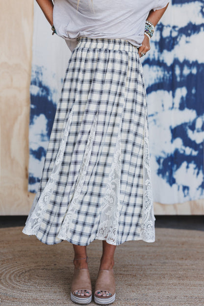 Long Lost Lace Plaid Maxi Skirt - Cream