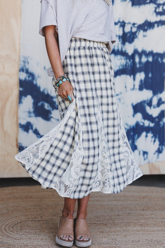 Long Lost Lace Plaid Maxi Skirt - Cream