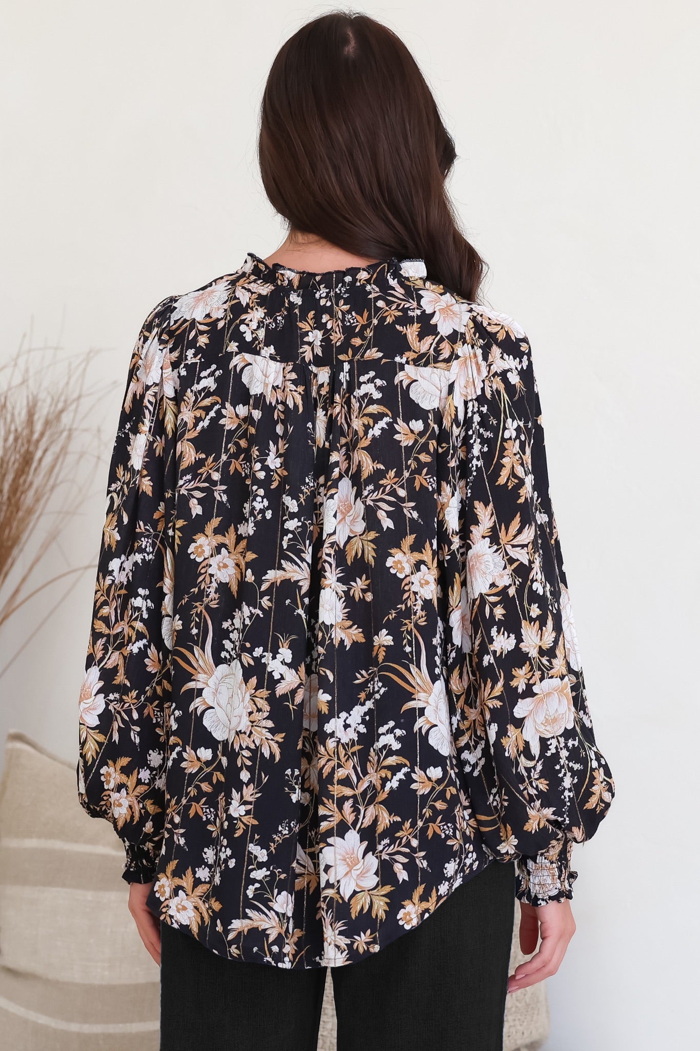 Moree Blouse - Frill Collar Neck Tie Button Down Shirt in Sorrento Print Black