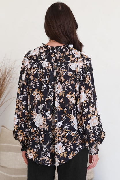 Moree Blouse - Frill Collar Neck Tie Button Down Shirt in Sorrento Print Black