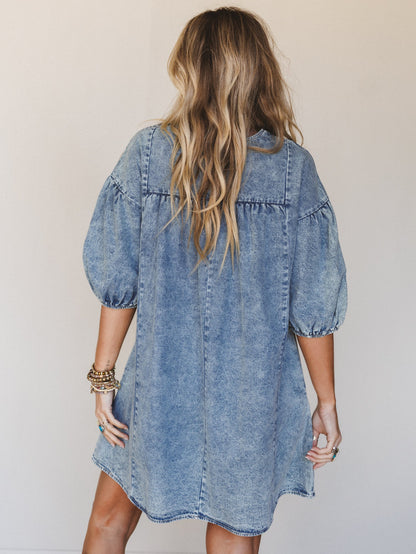 Denim Lover Puff Sleeve Dress - Indigo