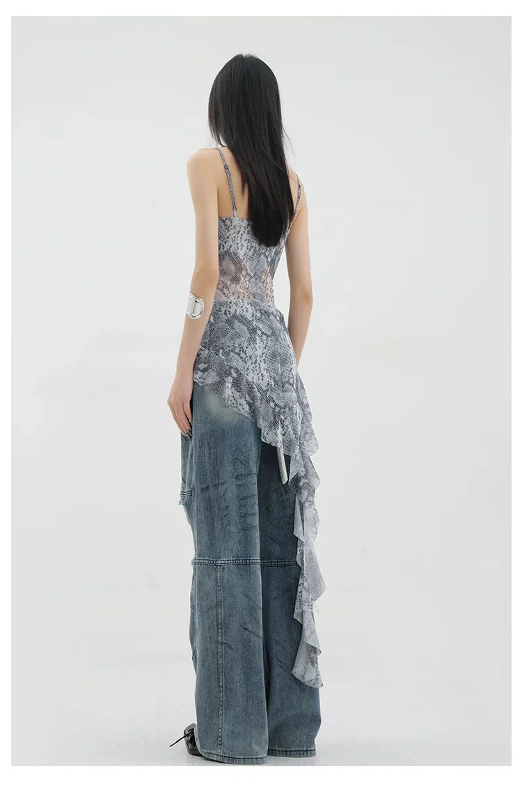 Vintage Distressed And Dirt-Dyed Patchwork Wide-Leg Jeans