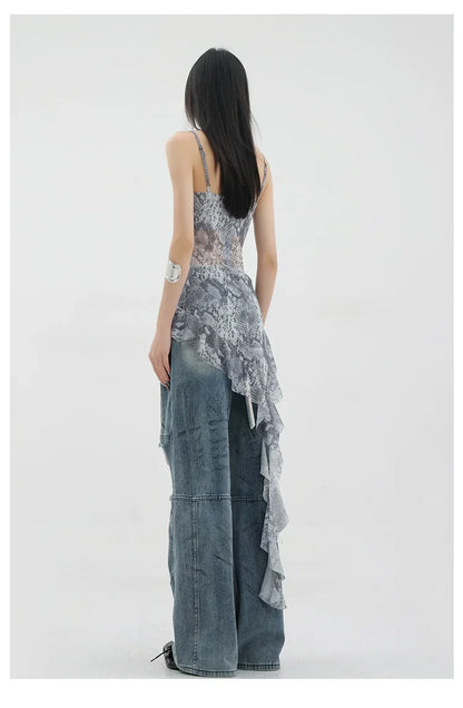Vintage Distressed And Dirt-Dyed Patchwork Wide-Leg Jeans