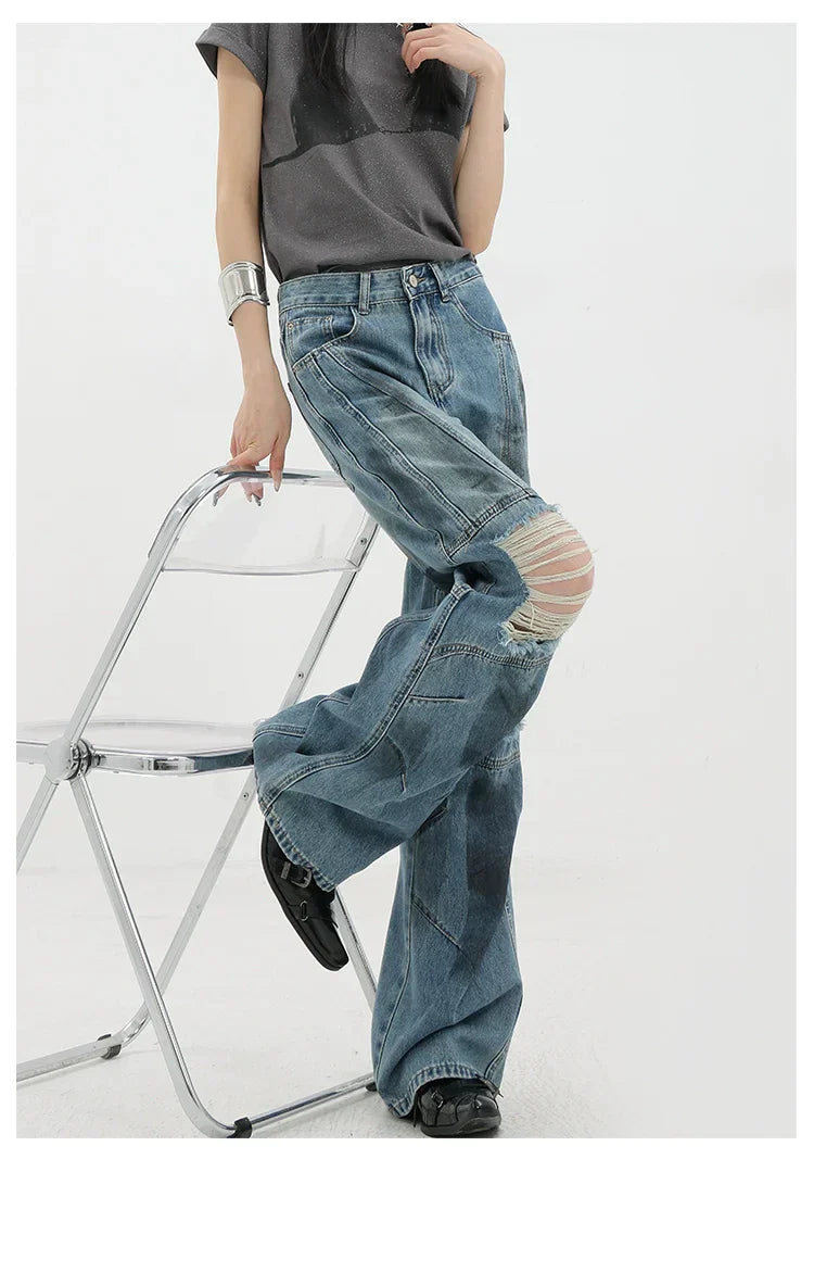 Vintage Distressed And Dirt-Dyed Patchwork Wide-Leg Jeans