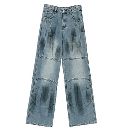 Vintage Distressed And Dirt-Dyed Patchwork Wide-Leg Jeans