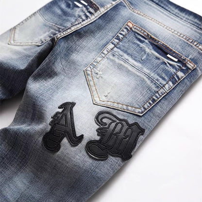 Punk Printed Stretch Slim Men's Denim Pants