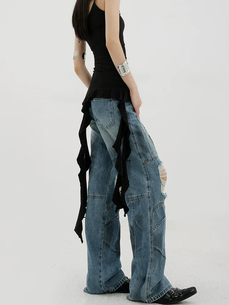 Vintage Distressed And Dirt-Dyed Patchwork Wide-Leg Jeans
