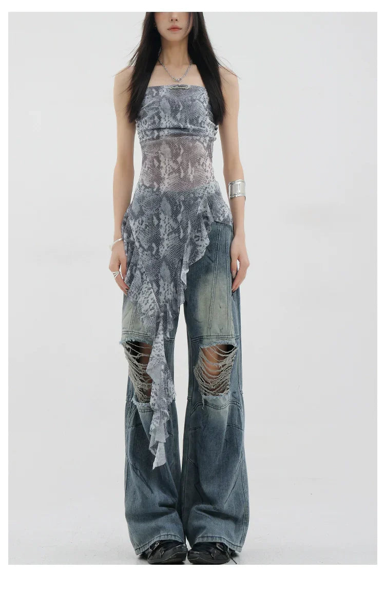 Vintage Distressed And Dirt-Dyed Patchwork Wide-Leg Jeans