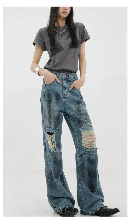 Vintage Distressed And Dirt-Dyed Patchwork Wide-Leg Jeans