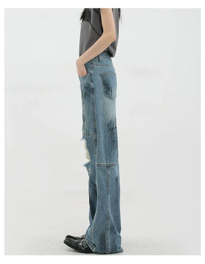 Vintage Distressed And Dirt-Dyed Patchwork Wide-Leg Jeans