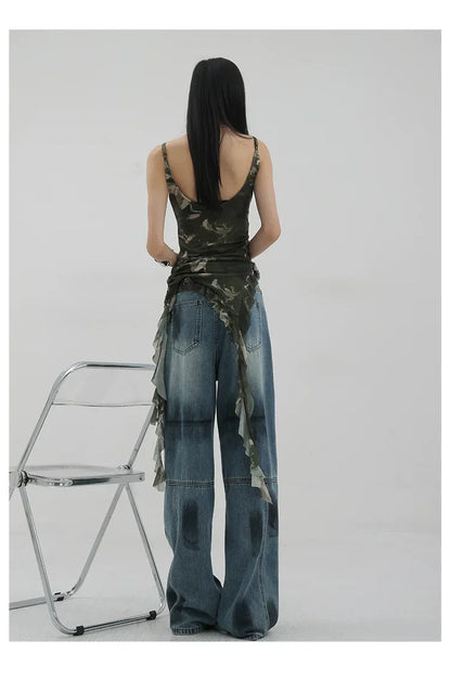 Vintage Distressed And Dirt-Dyed Patchwork Wide-Leg Jeans