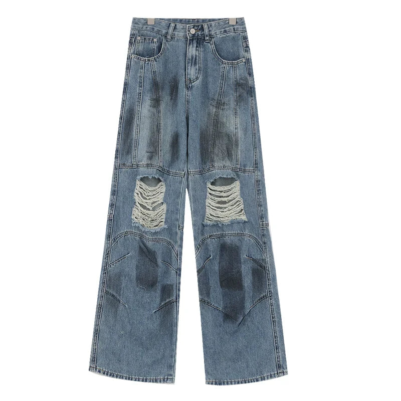 Vintage Distressed And Dirt-Dyed Patchwork Wide-Leg Jeans