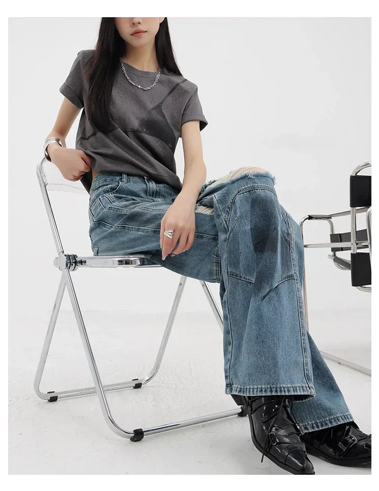 Vintage Distressed And Dirt-Dyed Patchwork Wide-Leg Jeans