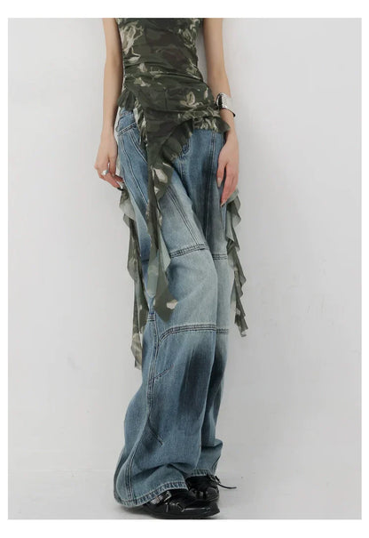 Vintage Distressed And Dirt-Dyed Patchwork Wide-Leg Jeans