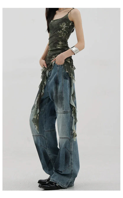 Vintage Distressed And Dirt-Dyed Patchwork Wide-Leg Jeans