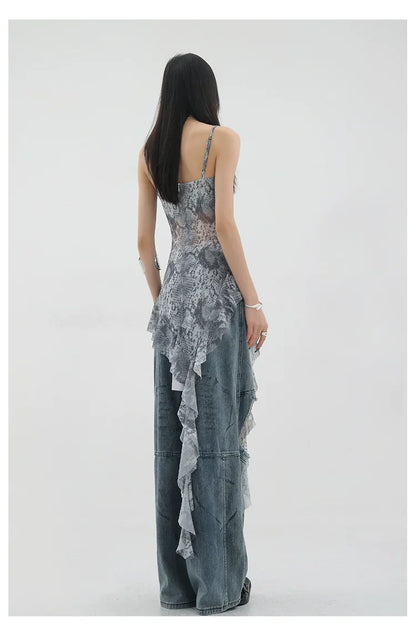 Vintage Distressed And Dirt-Dyed Patchwork Wide-Leg Jeans