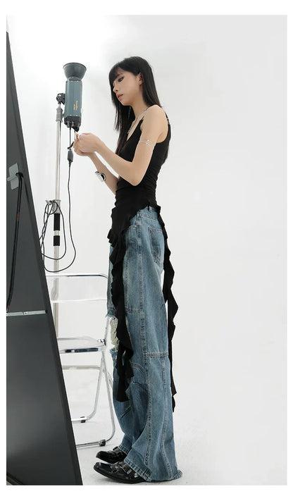 Vintage Distressed And Dirt-Dyed Patchwork Wide-Leg Jeans
