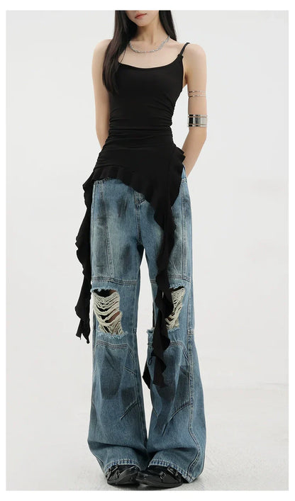 Vintage Distressed And Dirt-Dyed Patchwork Wide-Leg Jeans