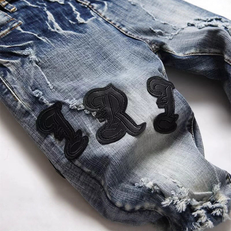 Punk Printed Stretch Slim Men's Denim Pants