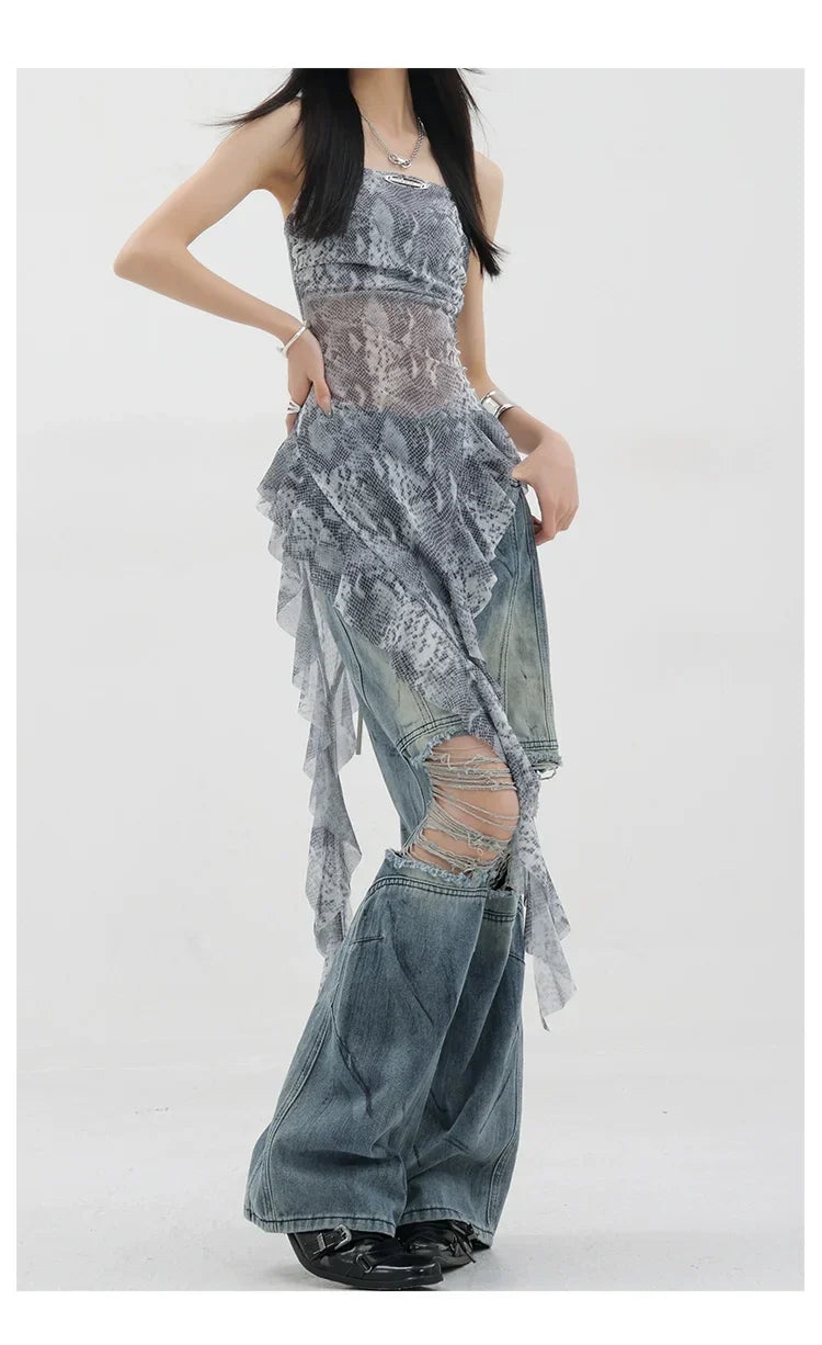 Vintage Distressed And Dirt-Dyed Patchwork Wide-Leg Jeans