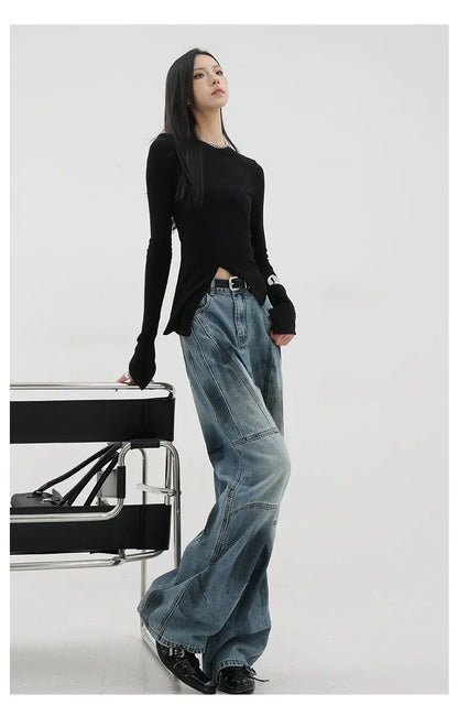 Vintage Distressed And Dirt-Dyed Patchwork Wide-Leg Jeans