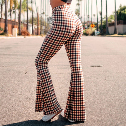 Piey - Women's Checkered Flare Trousers - Chic - Modern Style - For Daily Wear