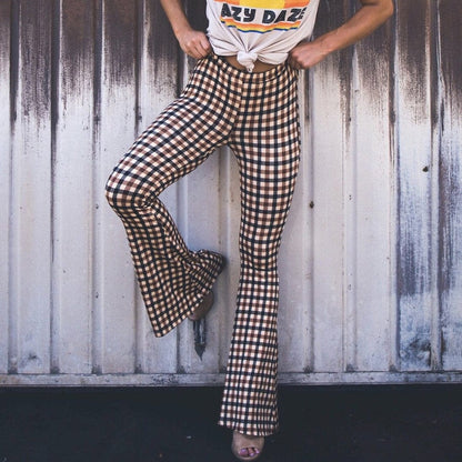 Piey - Women's Checkered Flare Trousers - Chic - Modern Style - For Daily Wear